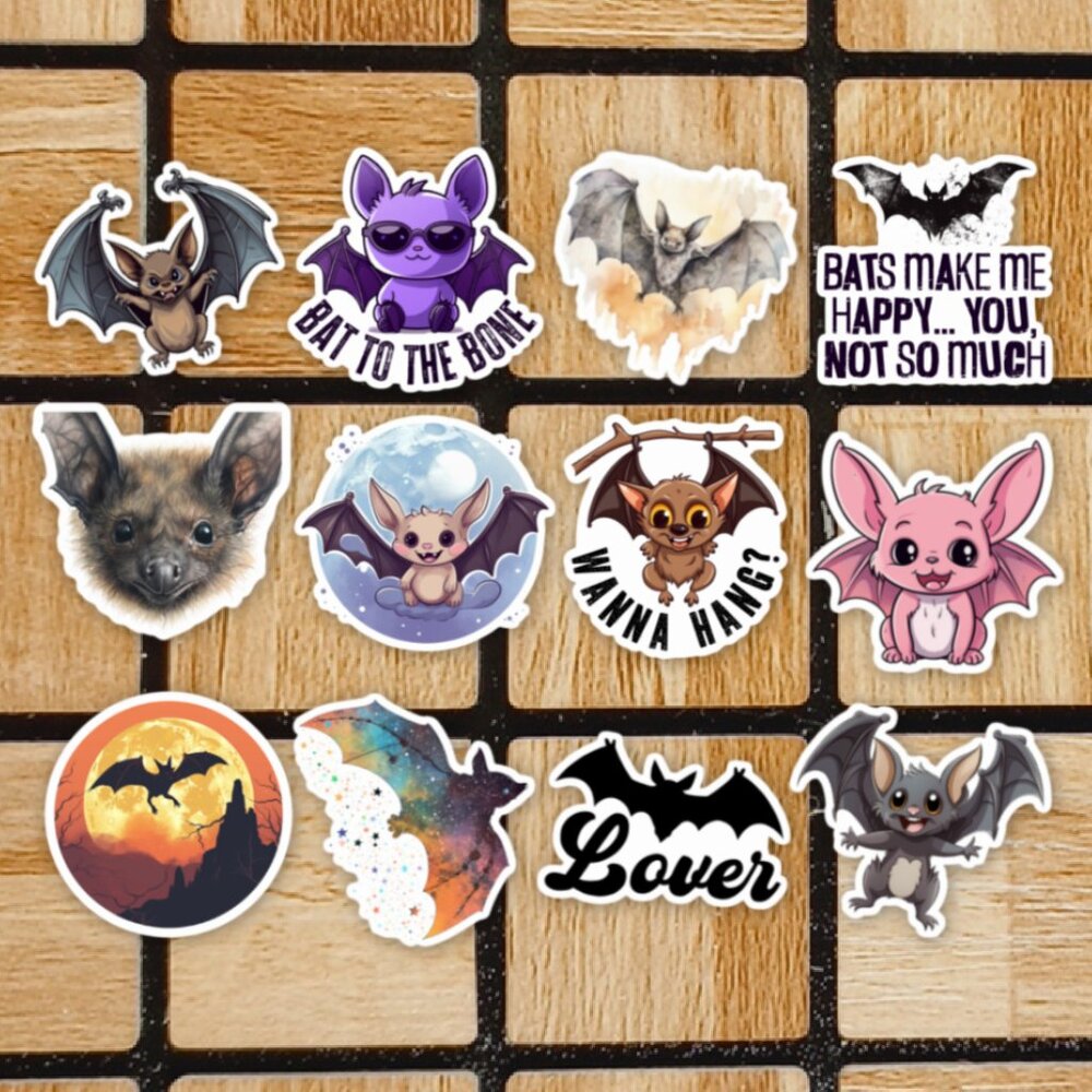 Bat Sticker Pack of 12 Vinyl Stickers - Waterproof Halloween Die Cut Sticker Set